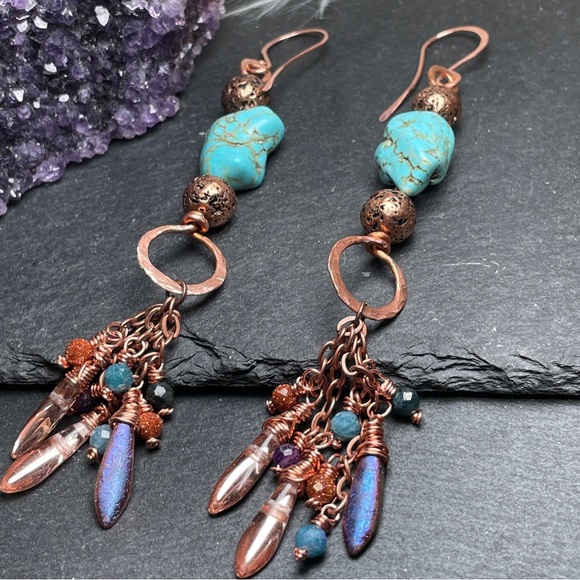 Artisan Turquoise Hand Wired Copper Fringe Dangle Earrings - Picture 8 of 14